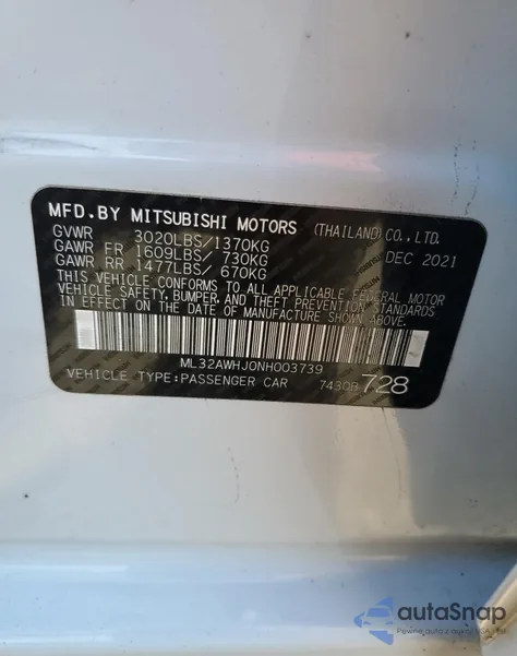 2022 Mitsubishi Mirage Black Edition z USA, uszkodzony, nr VIN ML32AWHJ0NH003739